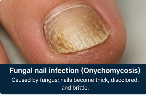 Fungal nail infection (Onychomycosis) causing thick, discolored and brittle nails