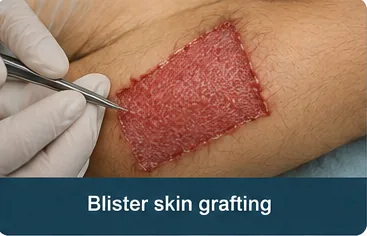 Blister skin grafting procedure being performed on the arm